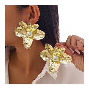 ZARA NEW Orchid Flower Gold Dipped Glam Statement Earrings